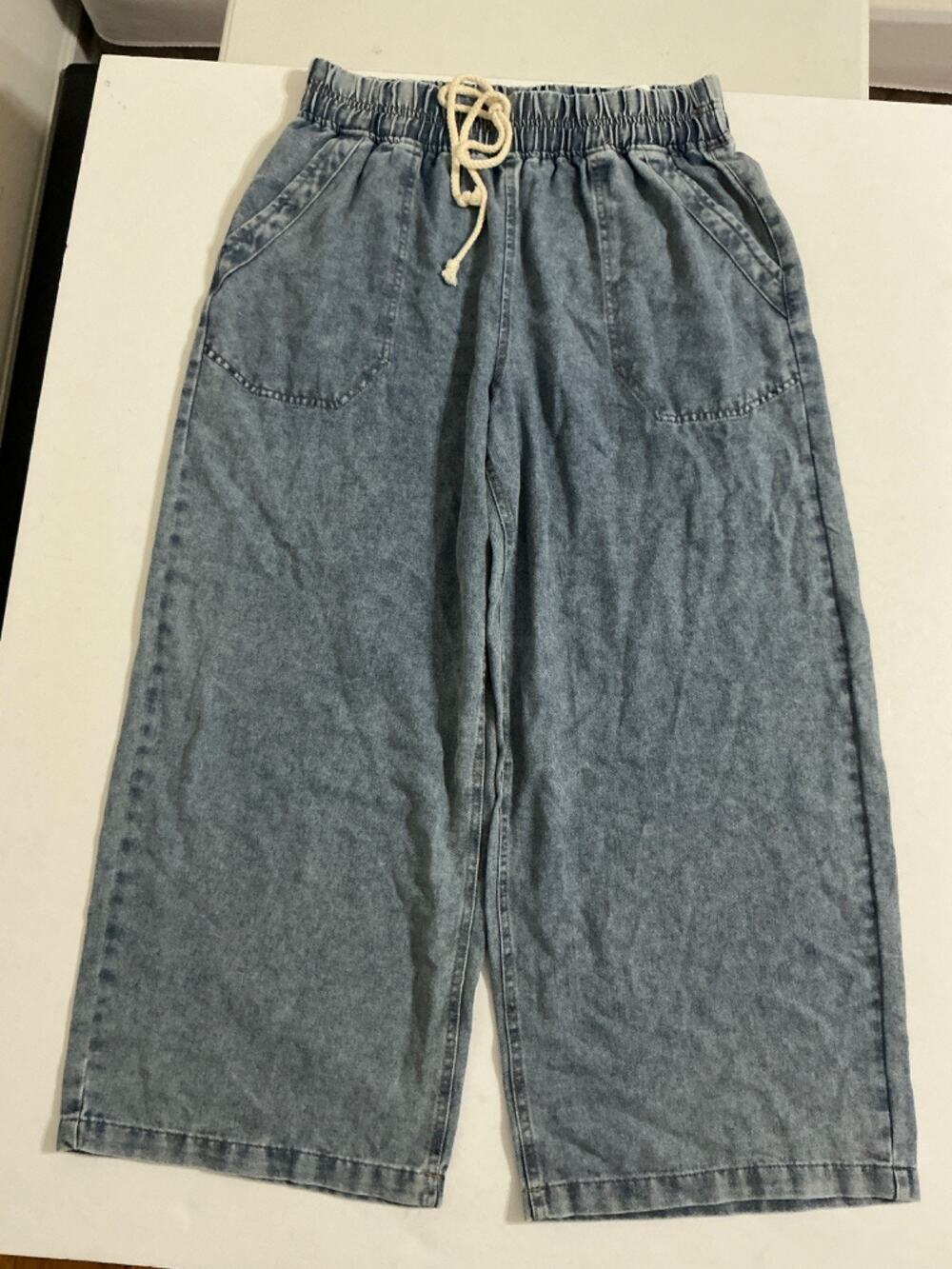 Leela & Lavender Soft Denim Pant Womens L Blue Wide Leg Drawstring Pull On NWT